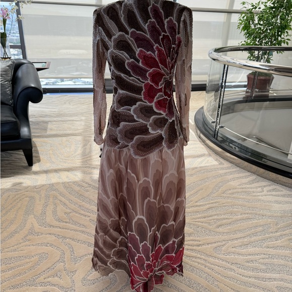 Dresses & Skirts - Vintage Hanae Mori Hand Beaded Long Sleeve Floral Dress in Burgundy/ Brown